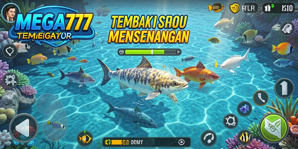 Gameplay seru MEGA777 menembak ikan berwarna-warni.